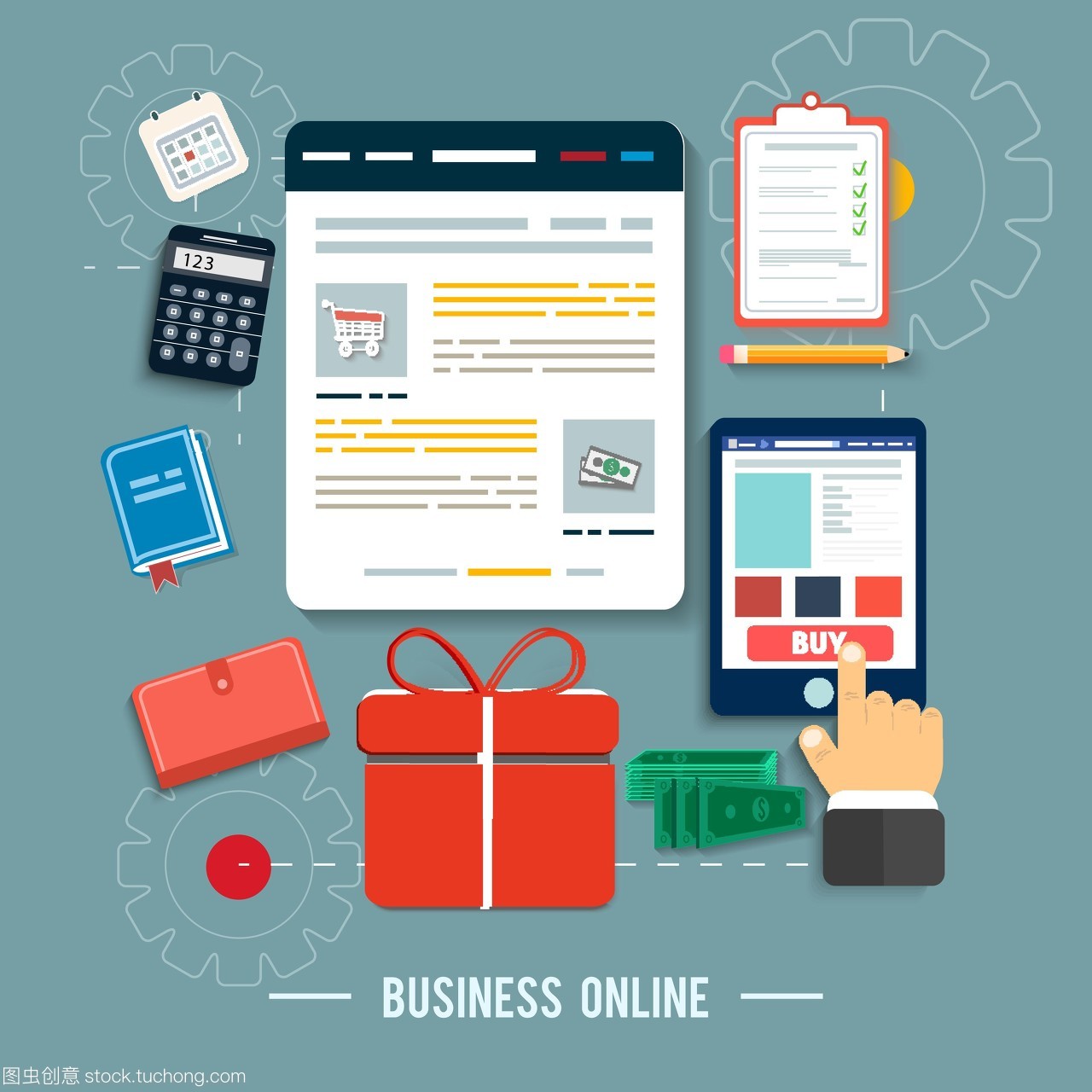 業(yè)務(wù)網(wǎng)絡(luò)圖標(biāo)。在平面設(shè)計中通過網(wǎng)上商店和電子商務(wù)思想符號和購物元素購買產(chǎn)品圖標(biāo)的海報概念